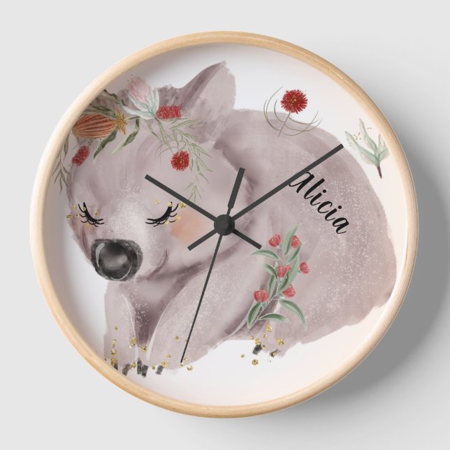 Cute Baby Wombat Gold Speckle Custom Name Clock (Front)