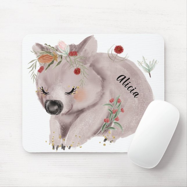 Cute Baby Wombat Gold Speckle Custom Name Mouse Pad (With Mouse)