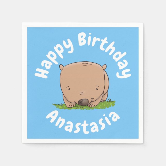 Cute baby wombat personalised cartoon birthday napkin (Front)