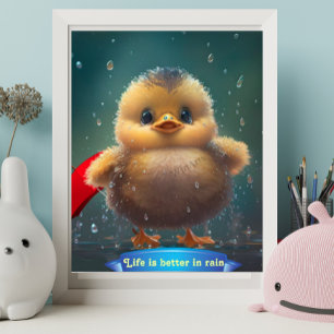 Cute Baby yellow Duck dancing in rain personalised Poster