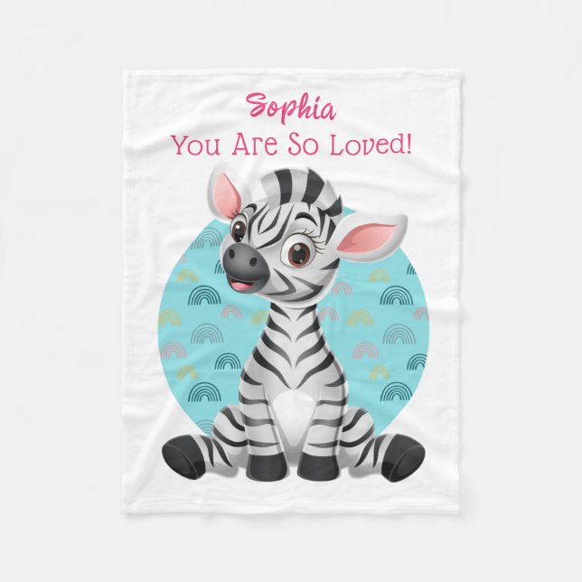 Cute Baby Zebra Art, Child's Name & Message Fleece Blanket (Front)