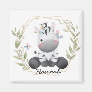 Cute Baby Zebra Flower Wreath Custom Name Magnet