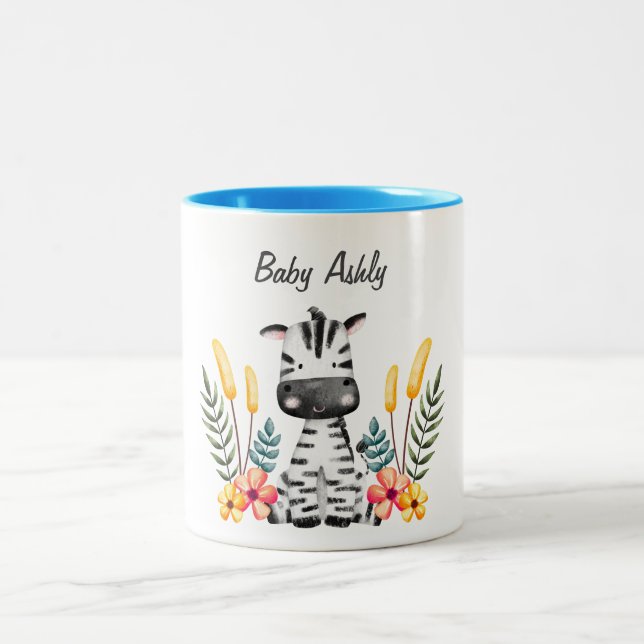 Cute Baby Zebra Flower Wreath Custom Name Mug (Center)
