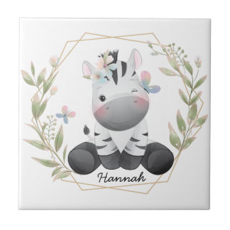 Cute Baby Zebra Flower Wreath Custom Name      Tile