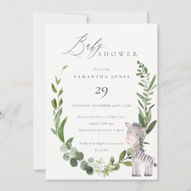 Cute Baby Zebra Foliage Wreath Baby Shower Invite (Front)