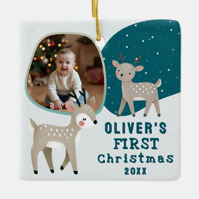 Cute Baby's 1st Christmas Photo Reindeer Ceramic Ornament (Front)