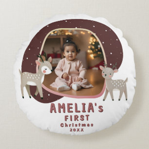 Cute Baby's 1st Christmas Photo Reindeer Round Cushion