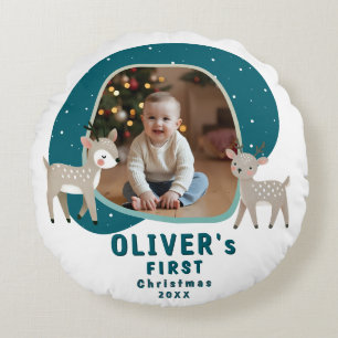 Cute Baby's 1st Christmas Photo Reindeer Round Cushion