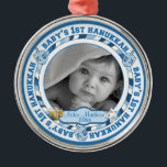 Cute Baby's 1st Hanukkah Dreidels Photo Name Metal Tree Decoration<br><div class="desc">Sweet photo design featuring the words "Baby's 1st Hanukkah" in the round interspersed with dreidel toys. Baby's name and year for you to personalise is flanked on either side with a Menorah and the Star of David (removeable object images). Commemorate this momentous occasion with a keepsake you can cherish for...</div>
