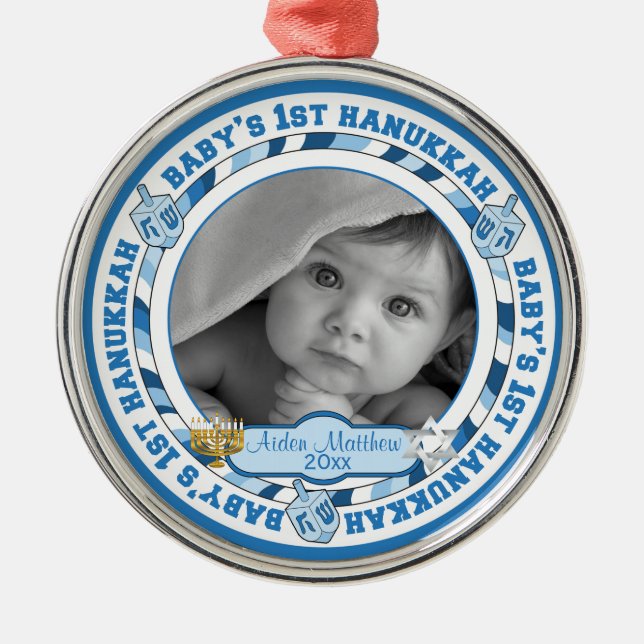 Cute Baby's 1st Hanukkah Dreidels Photo Name Metal Tree Decoration (Front)