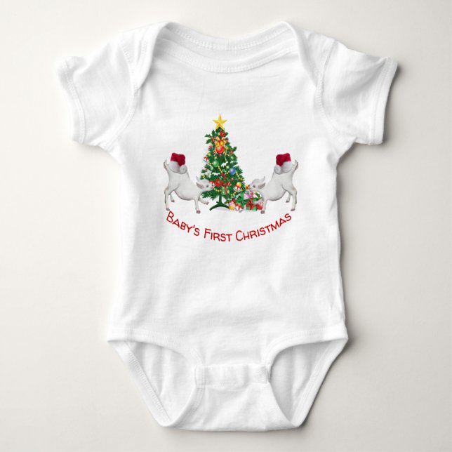 Cute Baby's First Christmas Baby Goats and Tree Bodysuit (Front)