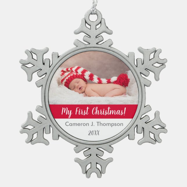 Cute Baby's first christmas baby photo keepsake Snowflake Pewter Christmas Ornament (Front)
