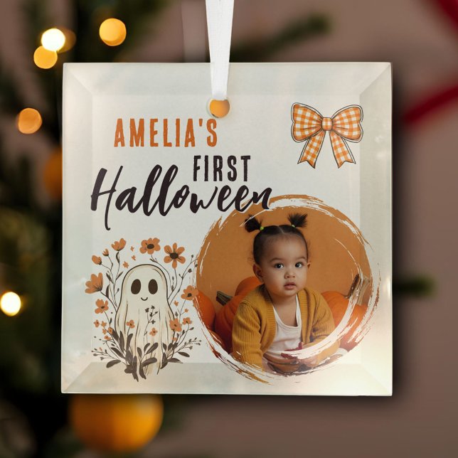 Cute Baby's First Halloween Ghost Photo  Glass Tree Decoration (Creator Uploaded)