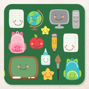 Cute Back to School Kawaii Classroom Supplies Square Paper Coaster