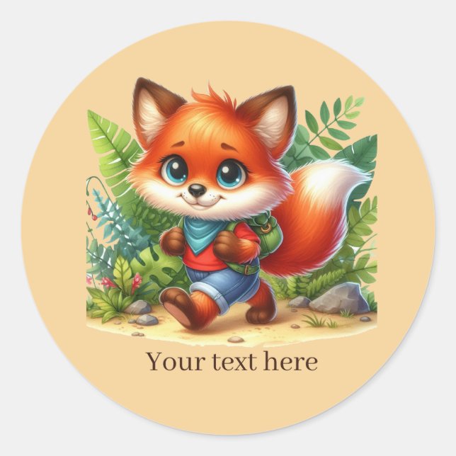Cute backpacking fox customisable classic round sticker (Front)