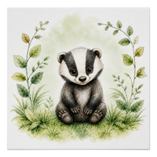 Cute Badger Childs Poster Square Wall Art