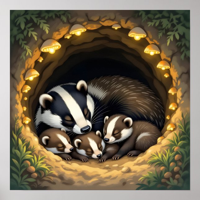 Cute  Badger Family Napping Poster (Front)