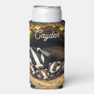 Cute  Badger Family Personalised Seltzer Can Cooler