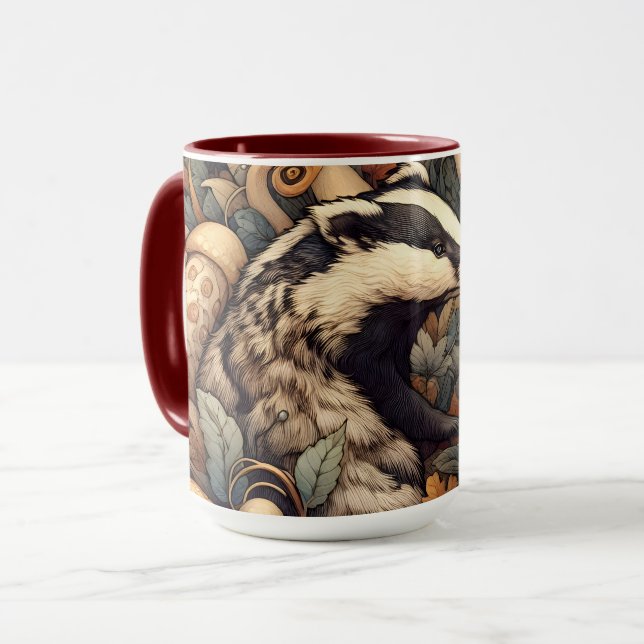 Cute badger mashrooms natural colours woodland mug (Front Left)