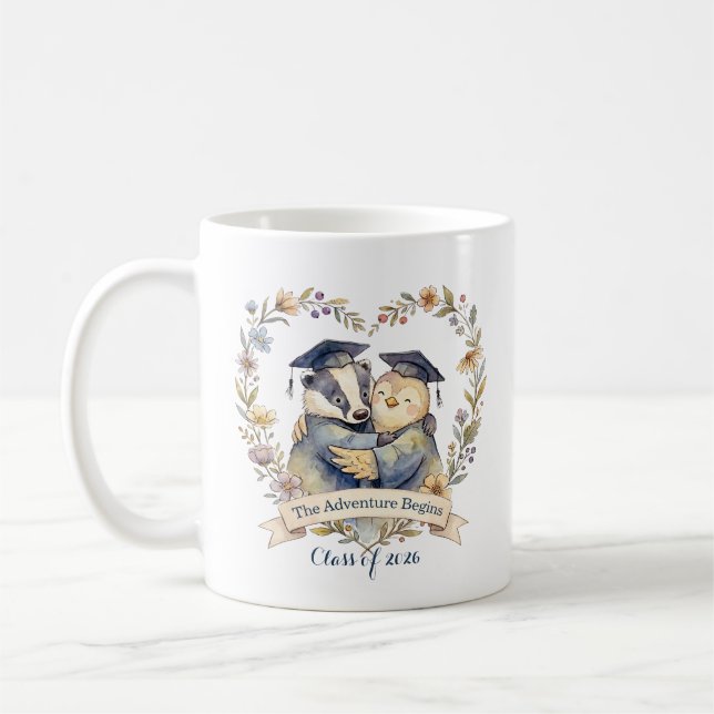 Cute Badger & Penguin Graduation Hug Personalised Coffee Mug (Left)