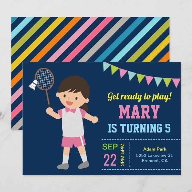 Cute Badminton Girl Birthday Party Invitation (Front/Back)