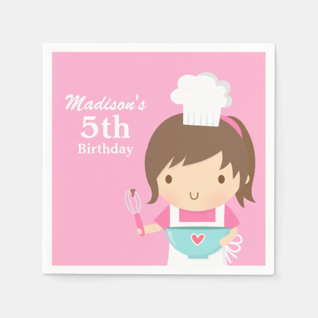 Cute Baker Chef Girl Cooking Baking Birthday Party Napkin (Front)