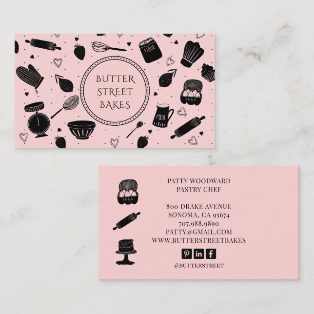 Cute Baker Pastry Chef Baking Utensils Pink Black Business Card (Front/Back)