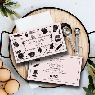Cute Baker Pastry Chef Baking Utensils Pink Black Business Card