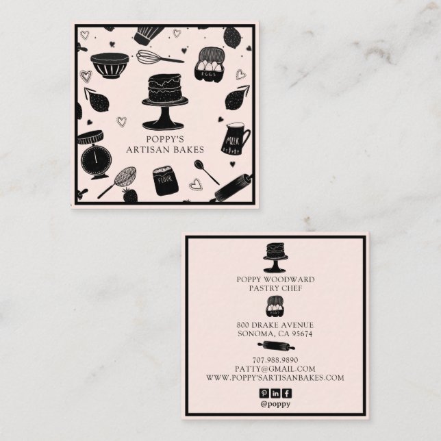Cute Baker Pastry Chef Baking Utensils Pink Black Square Business Card (Front/Back)