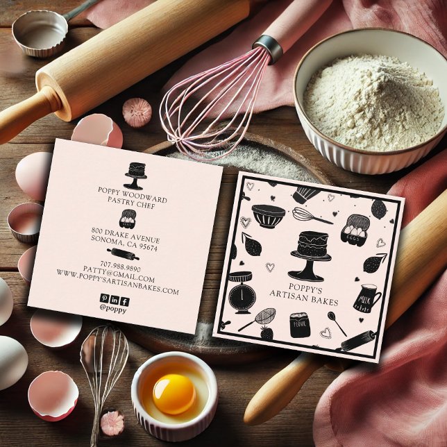 Cute Baker Pastry Chef Baking Utensils Pink Black Square Business Card (Creator Uploaded)