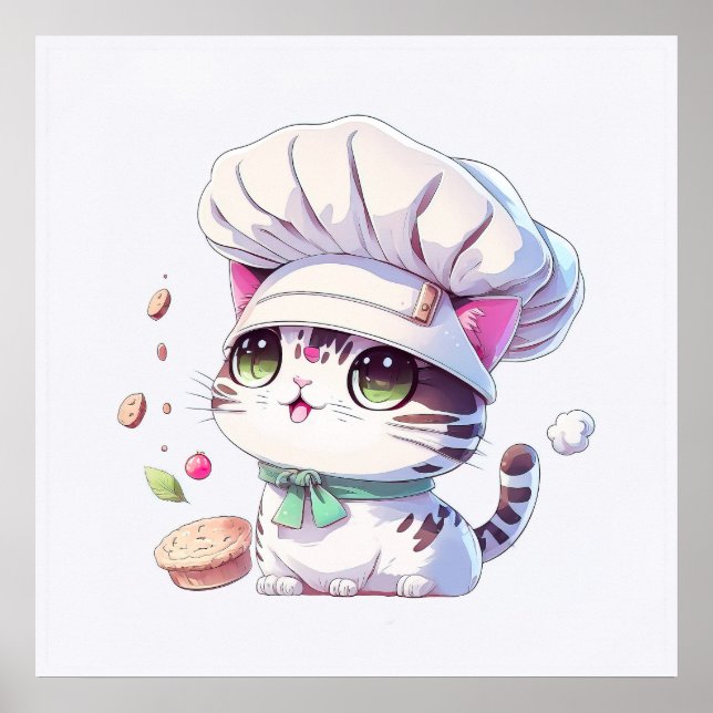 Cute Baker Pastry Chef Cat Kitten with Bread | Poster (Front)
