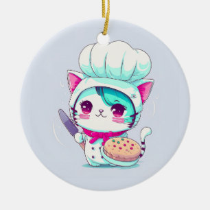 Cute Baker Pastry Chef Cat with Cake and Knife   Ceramic Tree Decoration