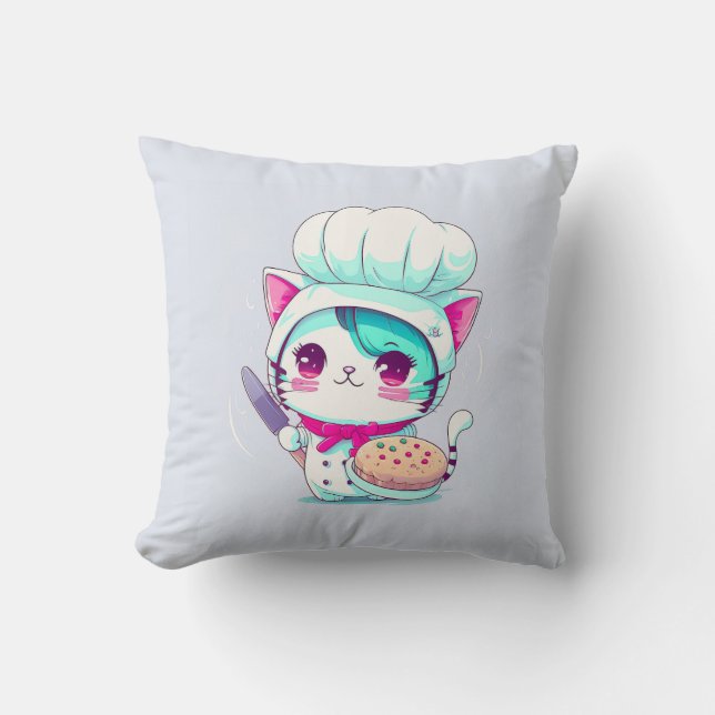 Cute Baker Pastry Chef Cat with Cake and Knife | Cushion (Front)