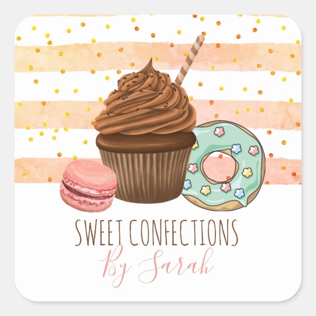 Cute Bakery Watercolor Desserts Glitter Rose Gold Square Sticker (Front)