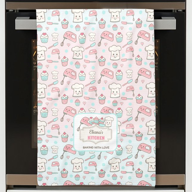Cute Baking Pink Blue Cupcake Name Tea Towel (Cute Baking Pink Blue Cupcake Name Kitchen Towel)