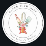 Cute Baking utensils Bakery  Classic Round Sticker<br><div class="desc">Cute,  elegant simple personalised "baked with love"  labels featuring watercolor baking utensils in a mitten.</div>