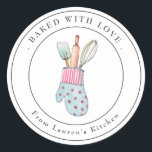 Cute Baking utensils Bakery  Classic Round Sticker<br><div class="desc">Cute,  elegant simple personalised "baked with love"  labels featuring watercolor baking utensils in a mitten.</div>