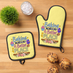 Cute baking world better place word art oven mitt & pot holder set