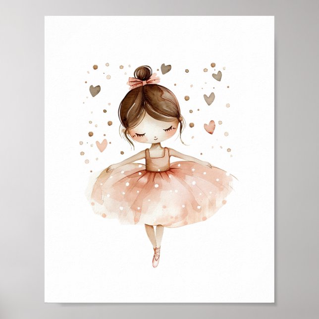 Cute Ballerina Ballet Dance Love Hearts Watercolor Poster (Front)