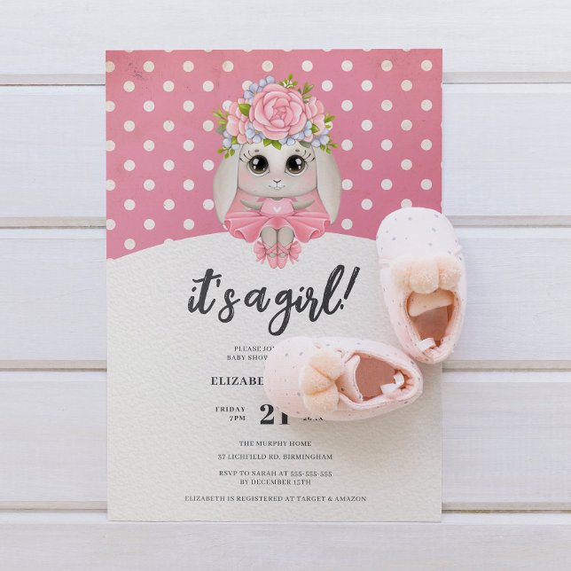 Cute Ballerina Bunny Baby Girl Baby Shower Invitation (Creator Uploaded)