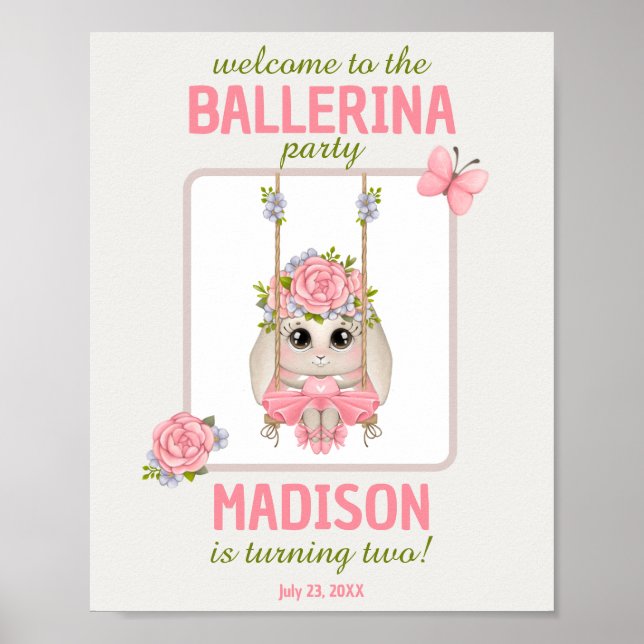 Cute ballerina bunny birthday pastel pink welcome poster (Front)