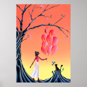 Cute Ballerina & Cat at Sunset Tree Poster
