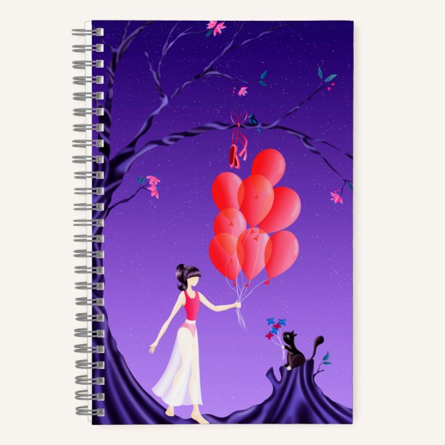 Cute Ballerina & Cat Night Sky Notebook (Front)