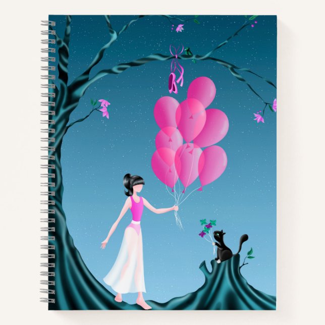 Cute Ballerina & Cat Night Sky Notebook (Front)
