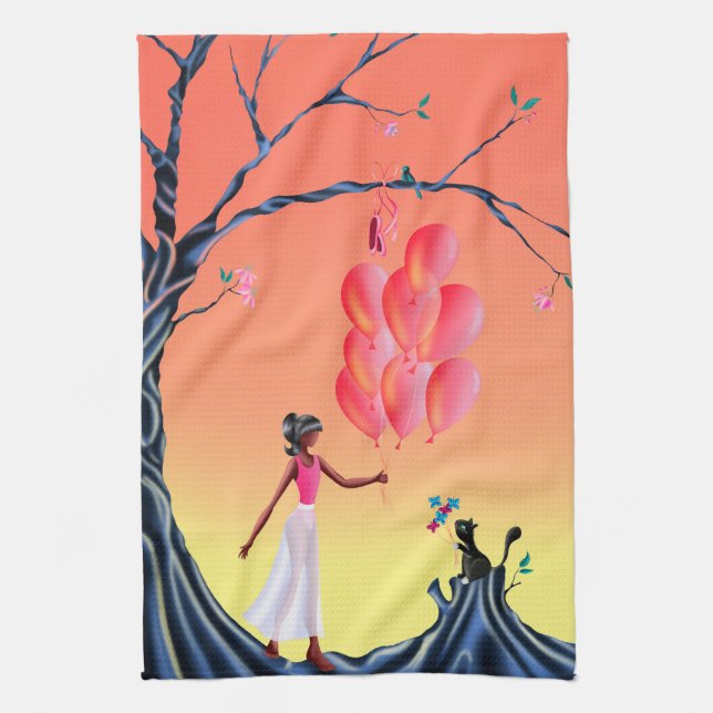 Cute Ballerina & Cat sunset tree  Tea Towel (Vertical)