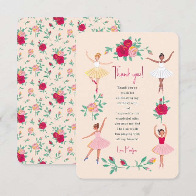 Cute Ballerina Girl Birthday Party Thank You Card (Front/Back)