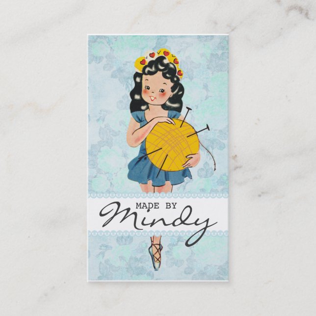 Cute ballerina girl knitting needles ball of yarn business card (Front)