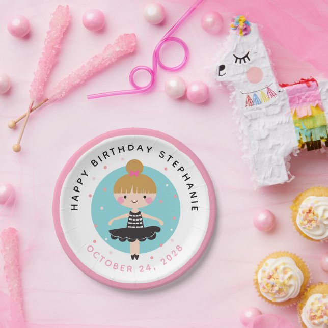 Cute Ballerina in Black Dress Kids Birthday Party Paper Plate (Party)