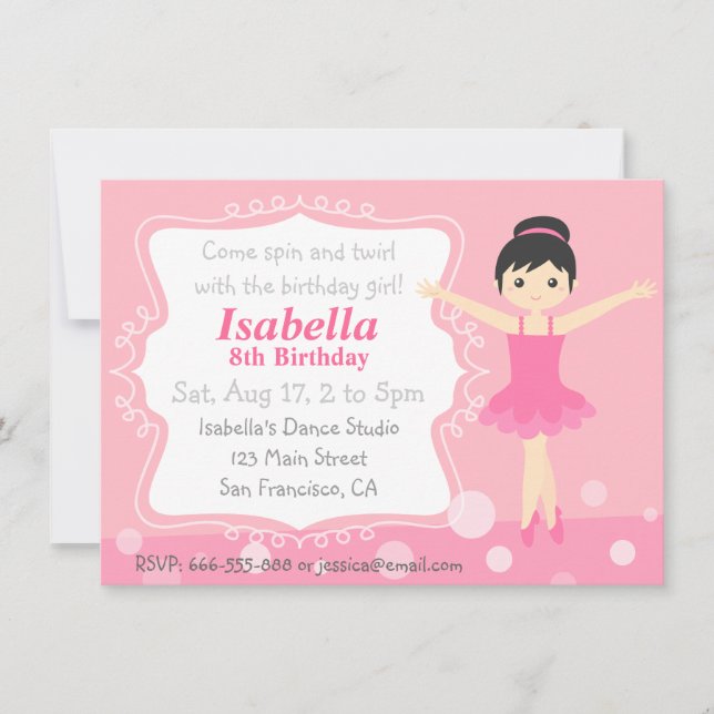 Cute Ballerina in Pink, Girl Birthday Party Invitation (Front)