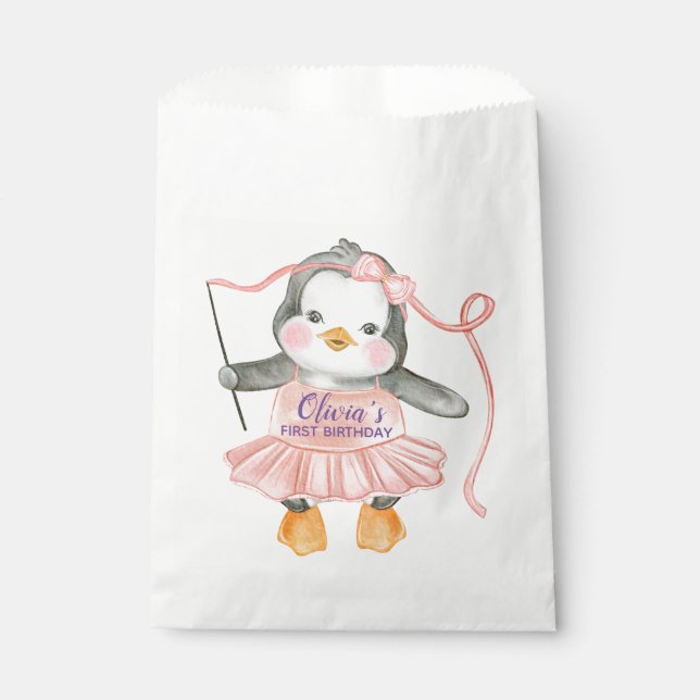 Cute Ballerina Penguin Pink 1st Birthday Party Favour Bags (Front)